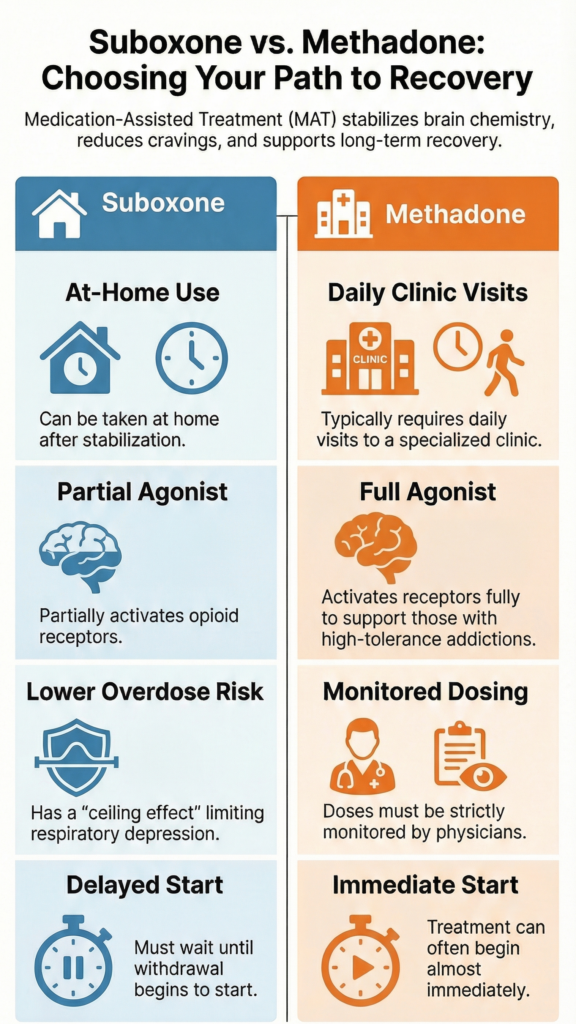 Infographic detailing the difference between suboxone vs methadone. Contact us today to get help.