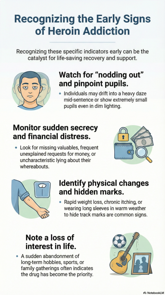 Infographic showing some basic signs that someone is struggling with heroin addiction